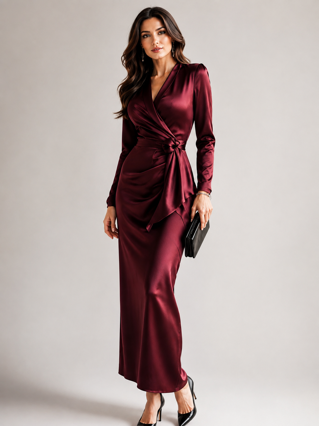 Satin Tie-Waist Long-Sleeve Dress