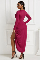 Burgundy ruched long-sleeve wrap dress, back view
