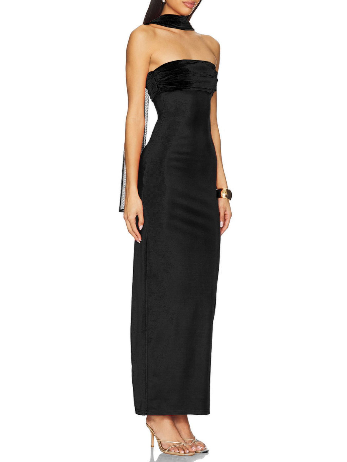 Black strapless long dress with matching neck scarf, front view