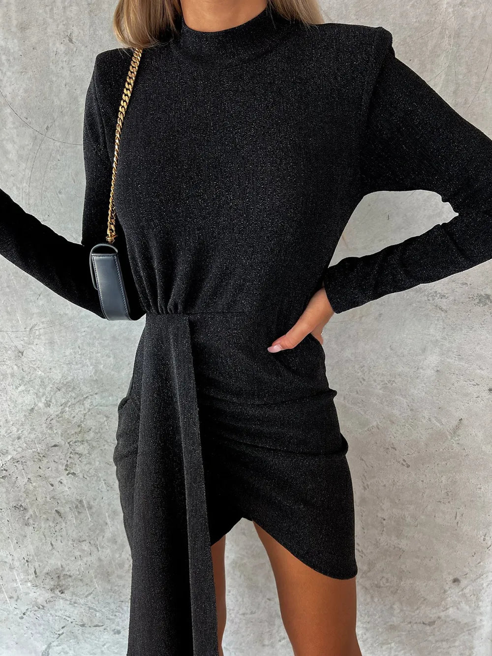 Black mock-neck long-sleeve mini dress, front view