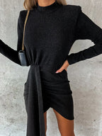 Black mock-neck long-sleeve mini dress, front view