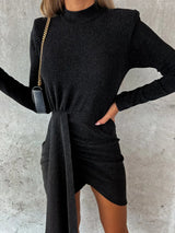 Black mock-neck long-sleeve mini dress, front view