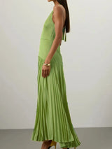 Pleated halter maxi dress side view
