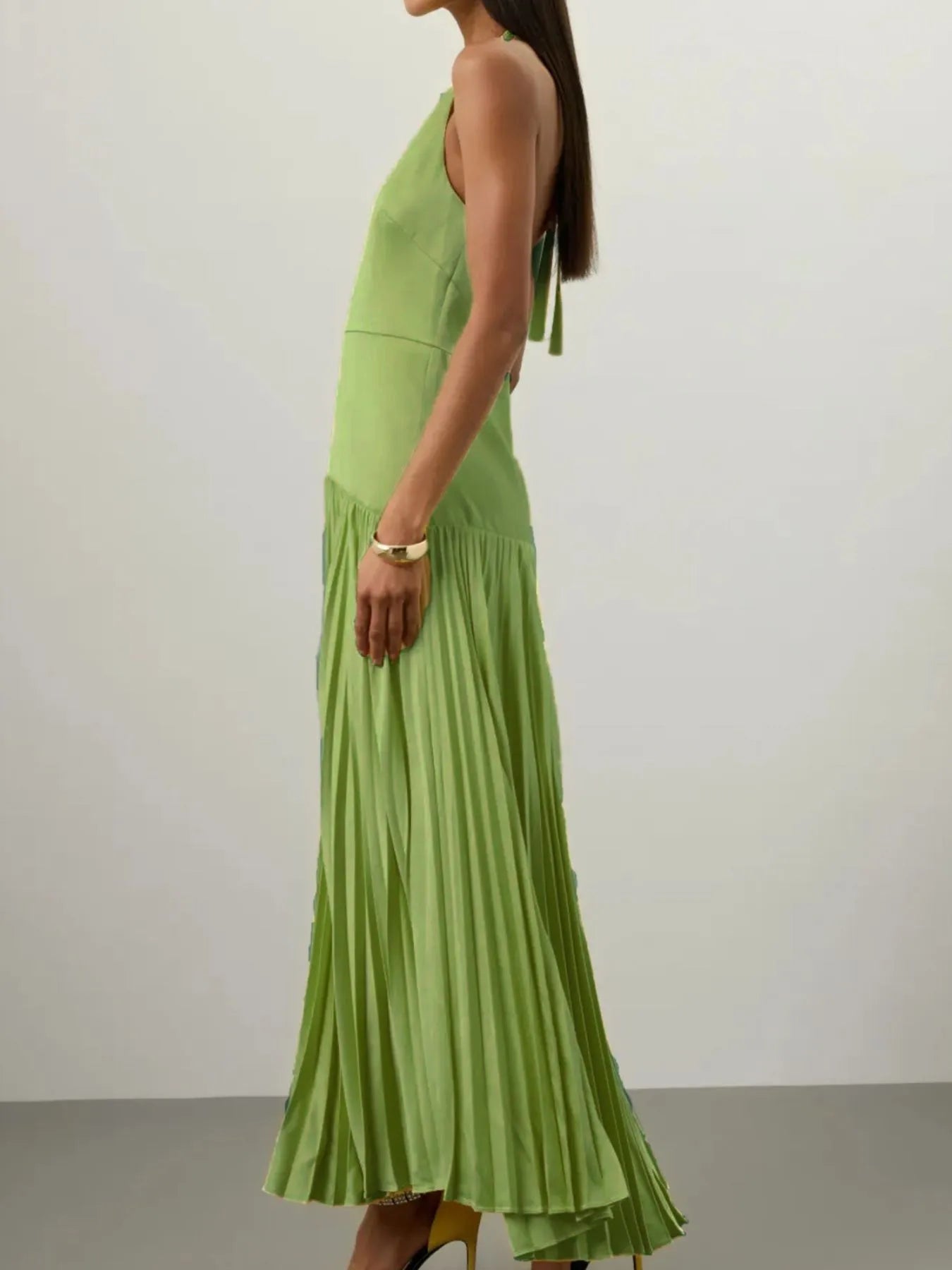 Pleated halter maxi dress side view