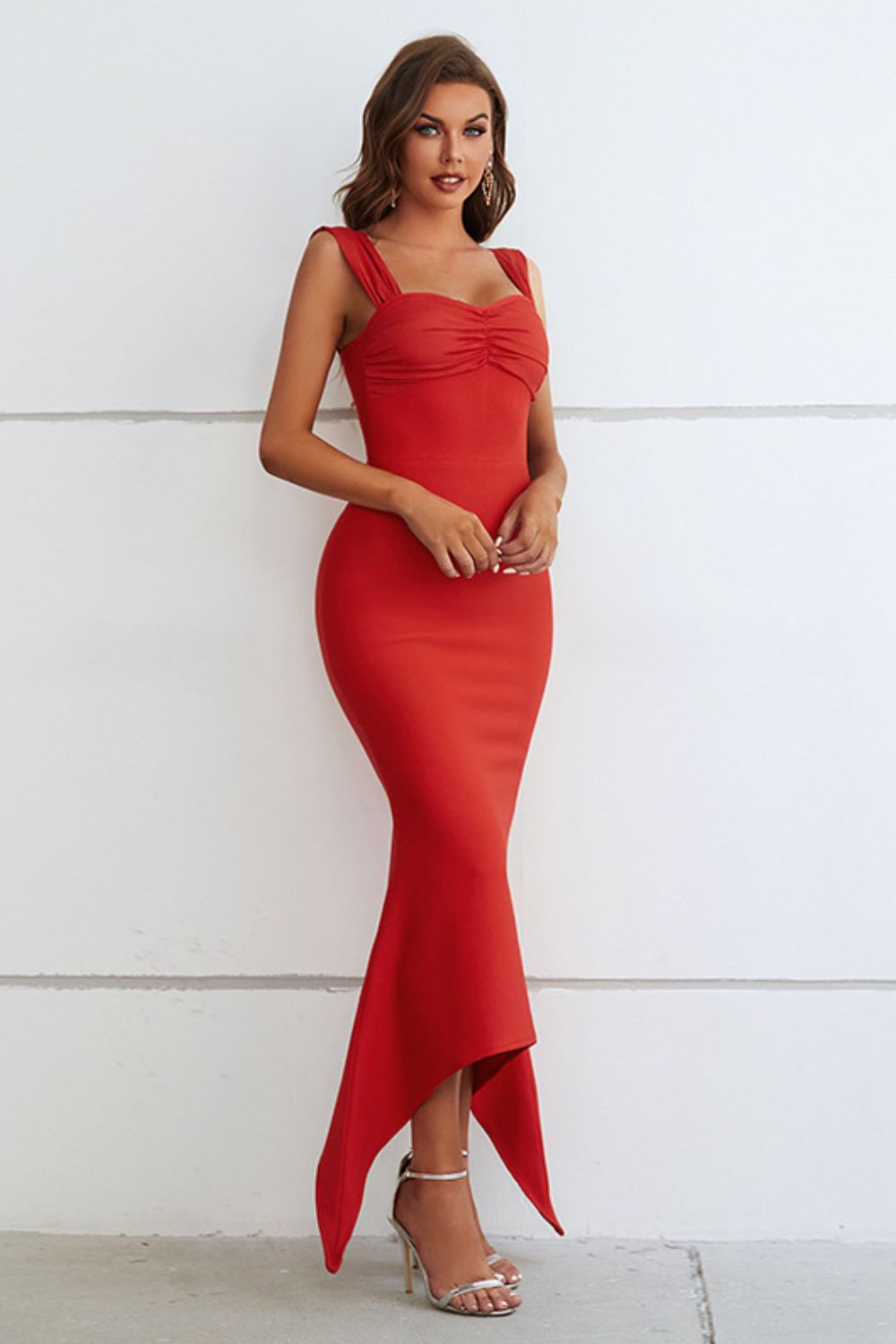 Red sweetheart neck dress ruched detail