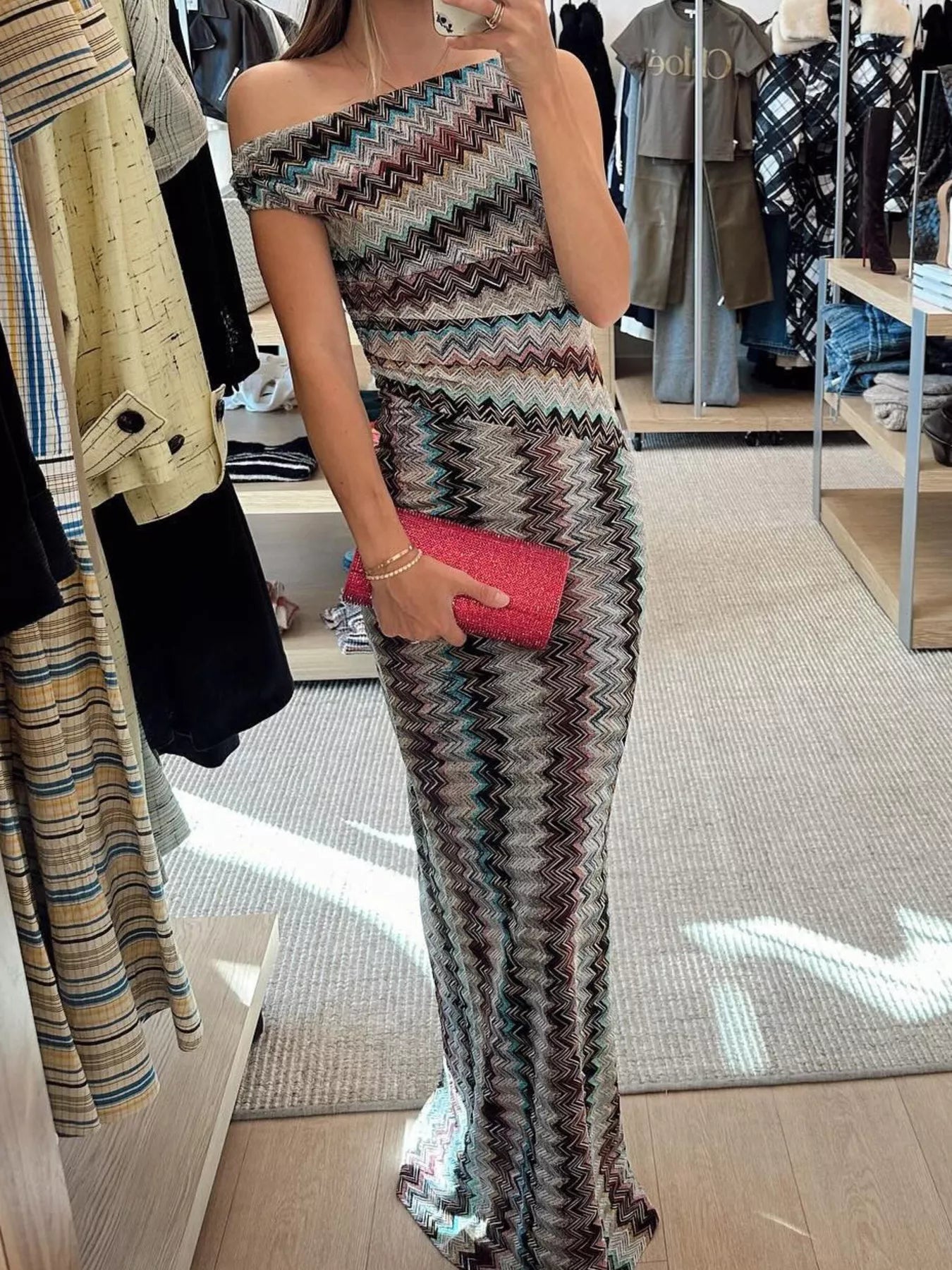 Multicolor One-Shoulder Zigzag-Knit Maxi Dress - product view 4