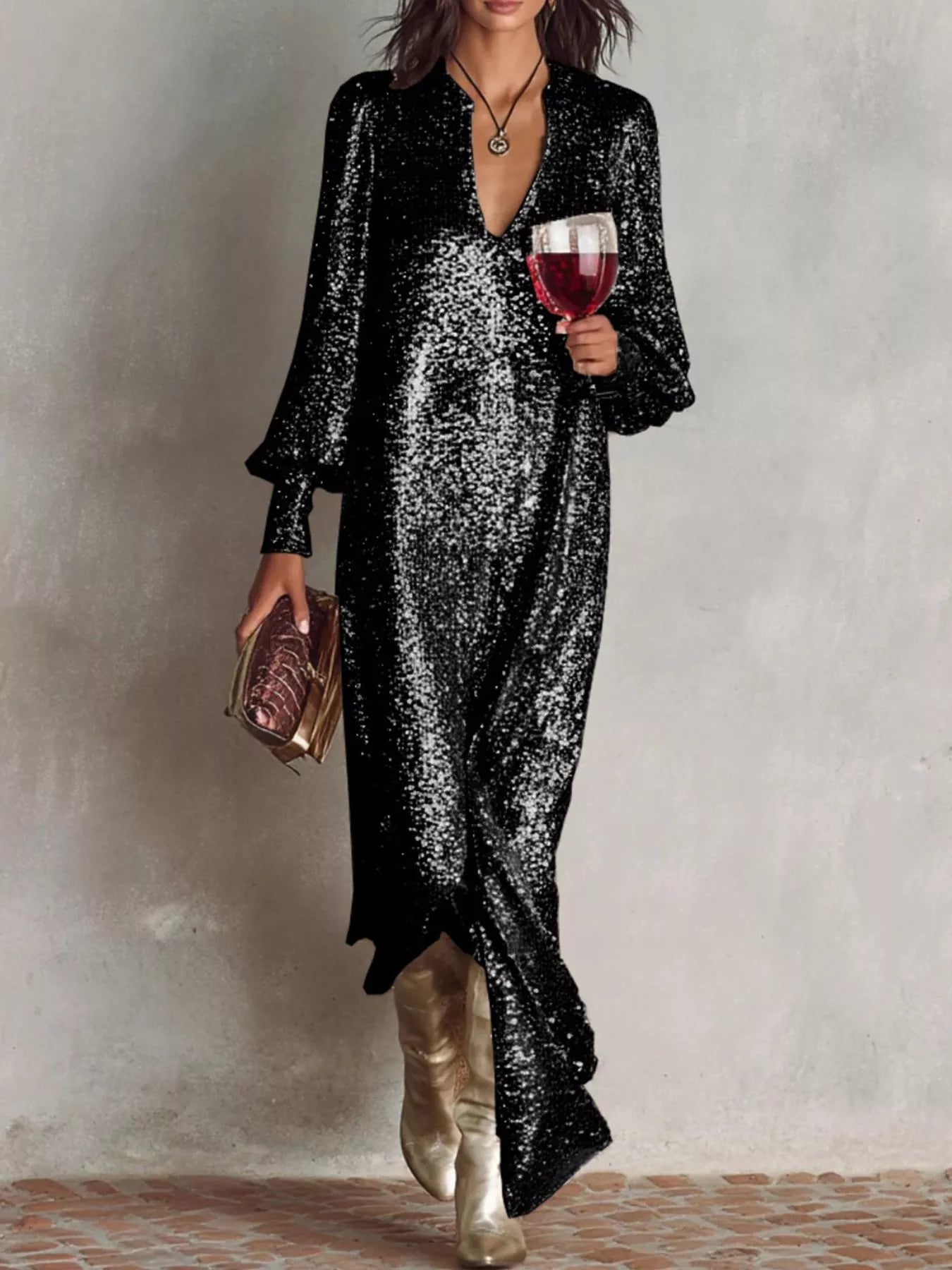Sequin lined maxi dress side view