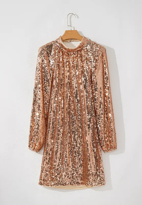 Gold-tone sequin long-sleeve mini dress on hanger, front view