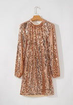Gold-tone sequin long-sleeve mini dress on hanger, front view