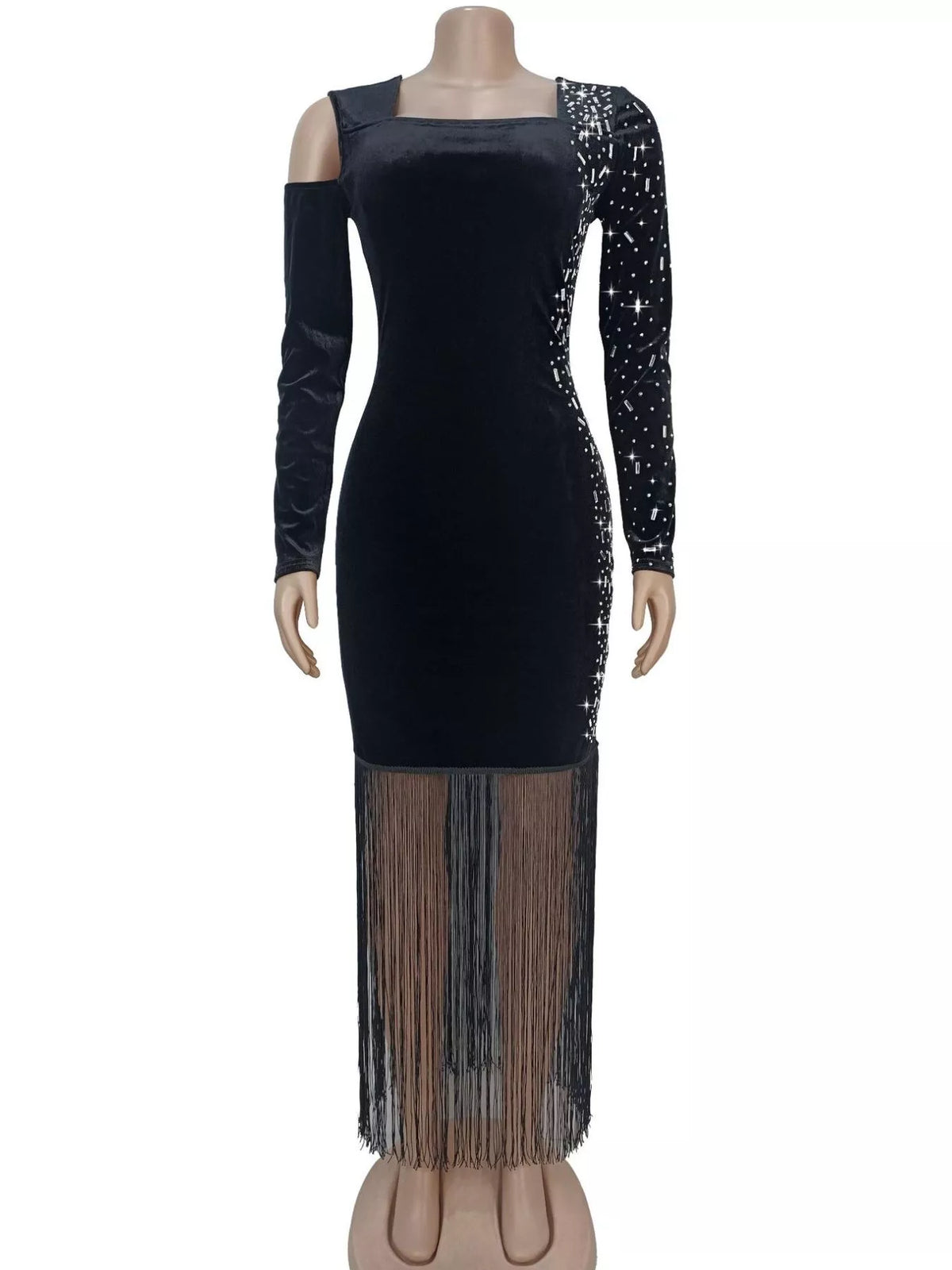 Black rhinestone fringe maxi dress, front view.