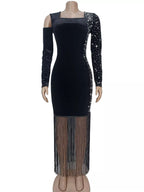 Black rhinestone fringe maxi dress, front view.