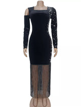 Black rhinestone fringe maxi dress, front view.