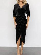 Ruched surplice midi dress styling detail