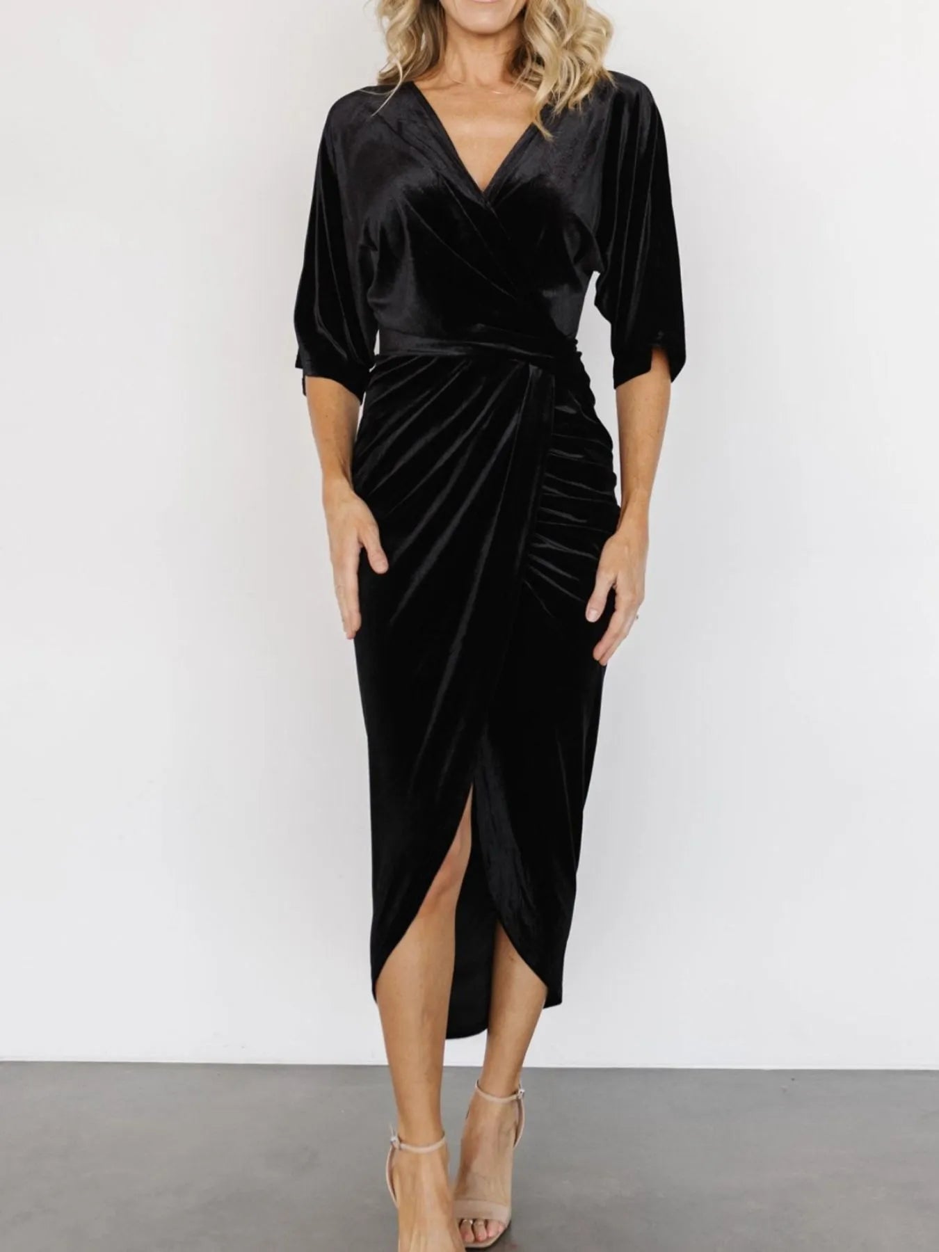 Ruched surplice midi dress styling detail