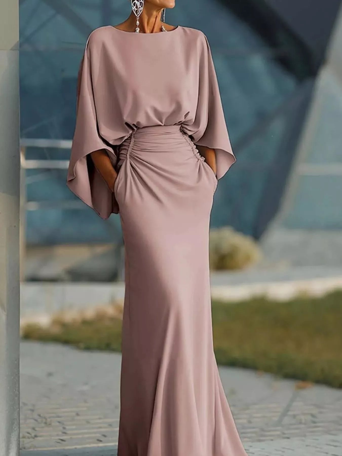 Ruched Batwing-Sleeve Pocket Maxi Dress – alternate view 3