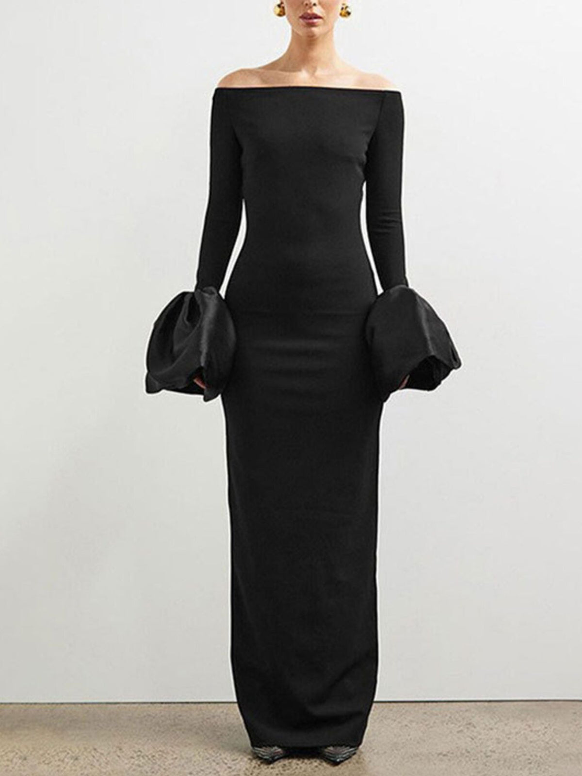Black off-shoulder flounce-sleeve maxi dress