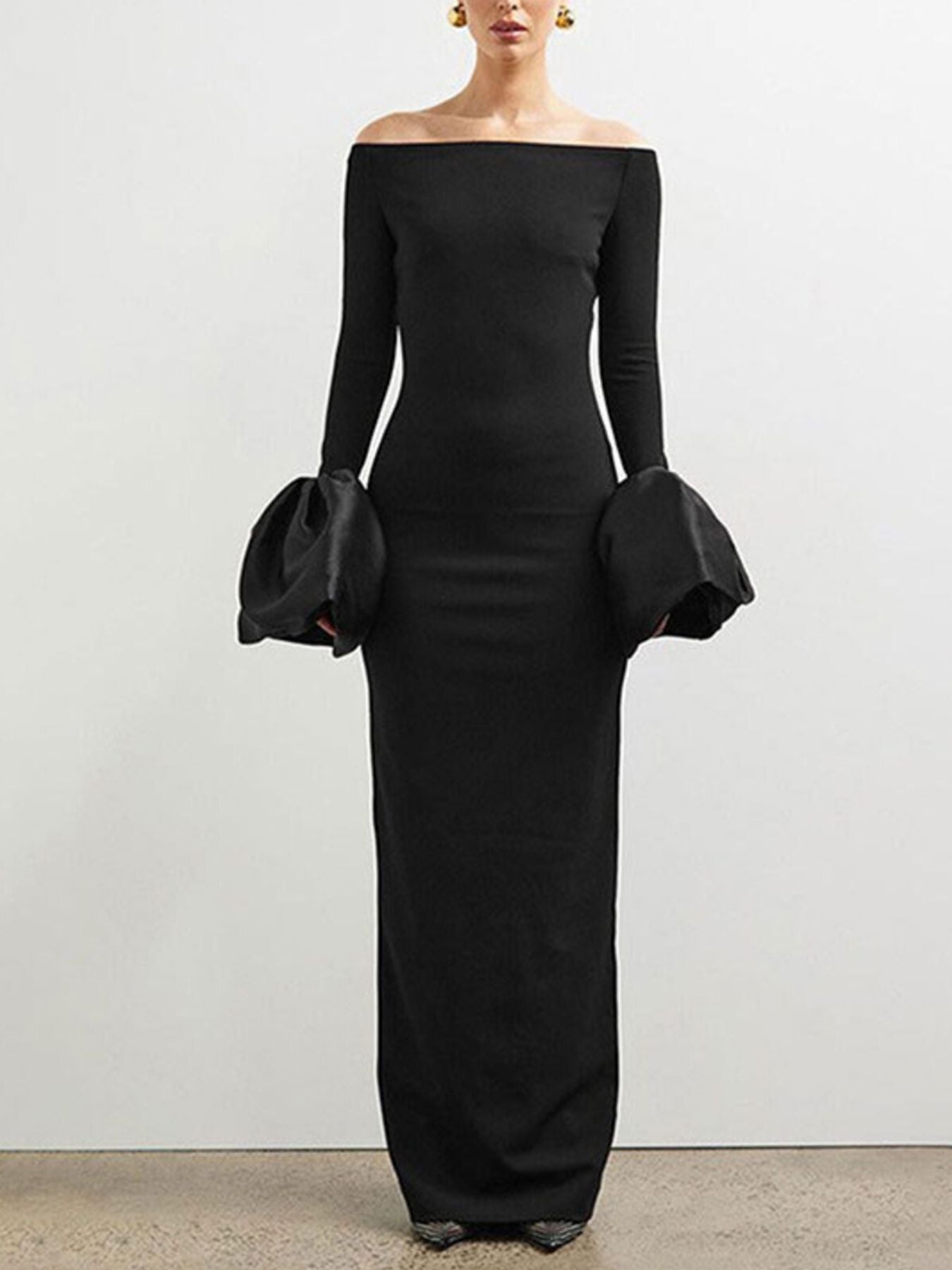 Black off-shoulder flounce-sleeve maxi dress