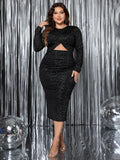 Plus size black cutout long sleeve dress front view