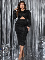 Plus size black cutout long sleeve dress front view