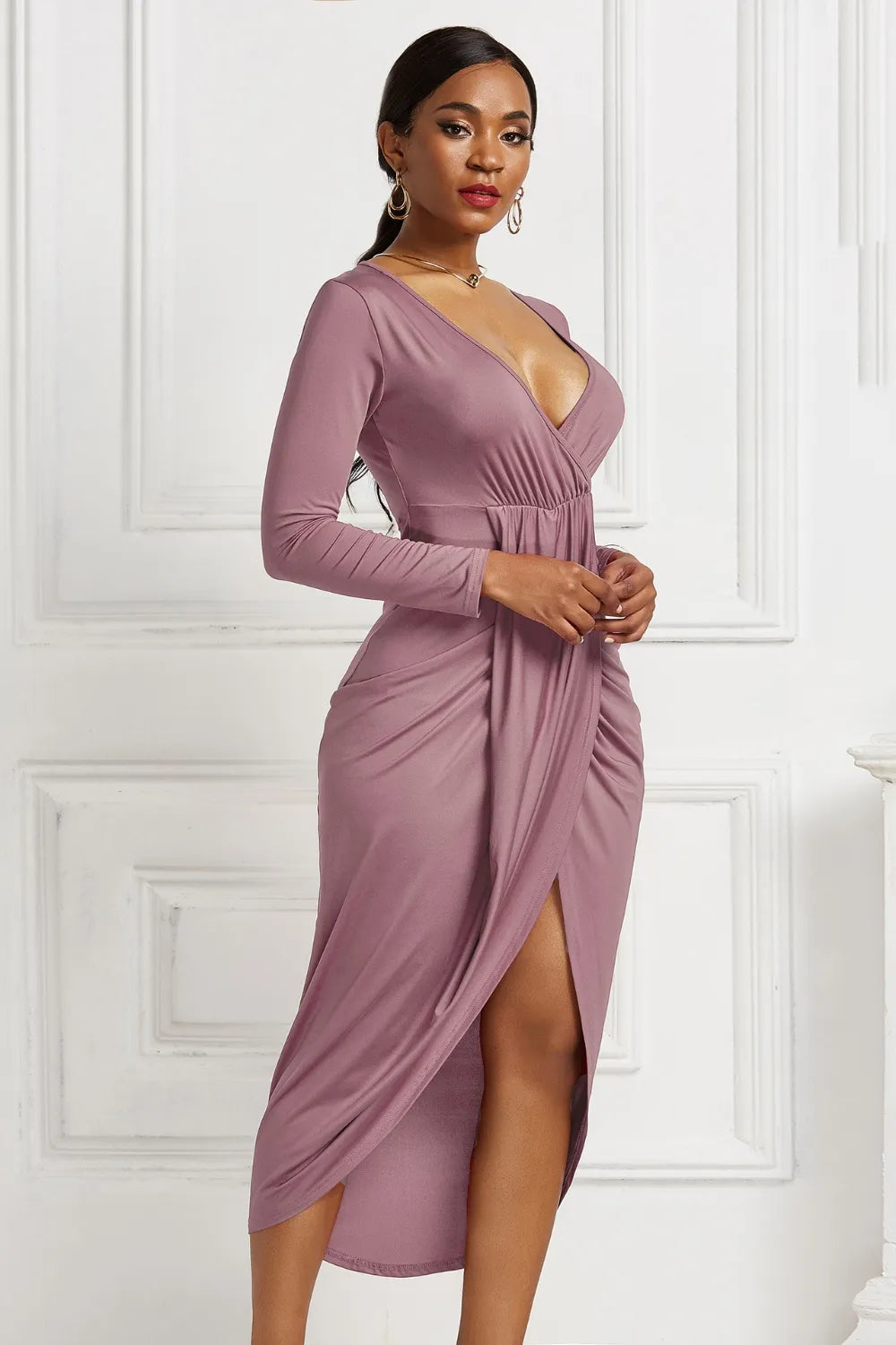 Mauve ruched long-sleeve wrap dress, side view