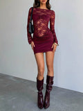 Wine-Red Lace Long-Sleeve Ruched Backless Dress - product view 4