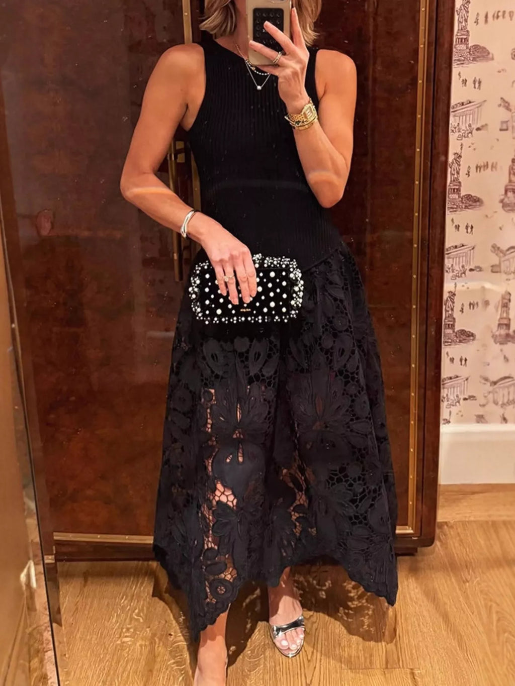Black Sleeveless Ribbed Crochet Cutout Midi Dress - product view 2