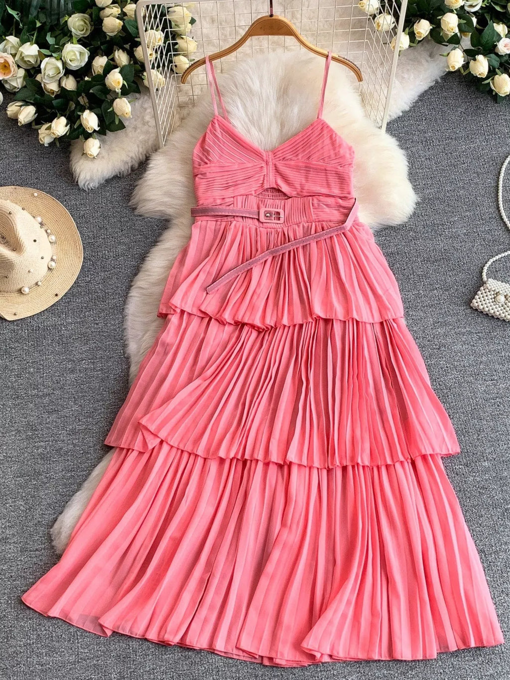 Layered pleated midi dress movement detail