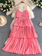 Layered pleated midi dress movement detail
