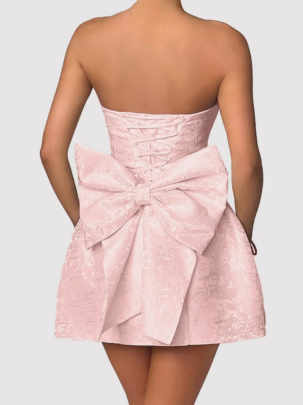 Sleeveless satin mini dress with bow full-length view