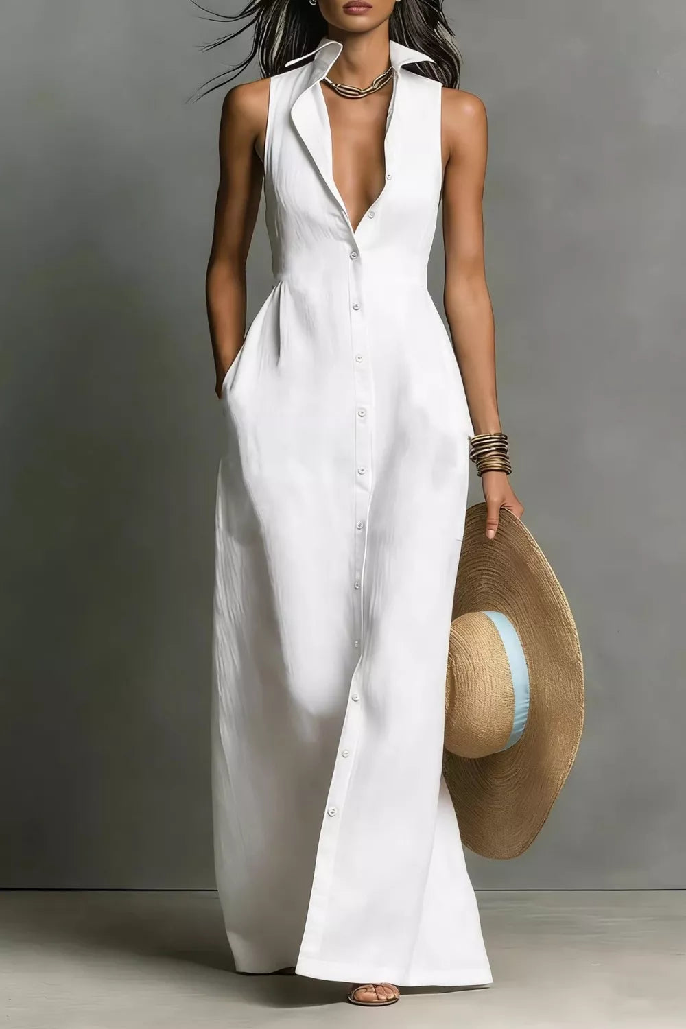 Sleeveless button-down maxi dress front view