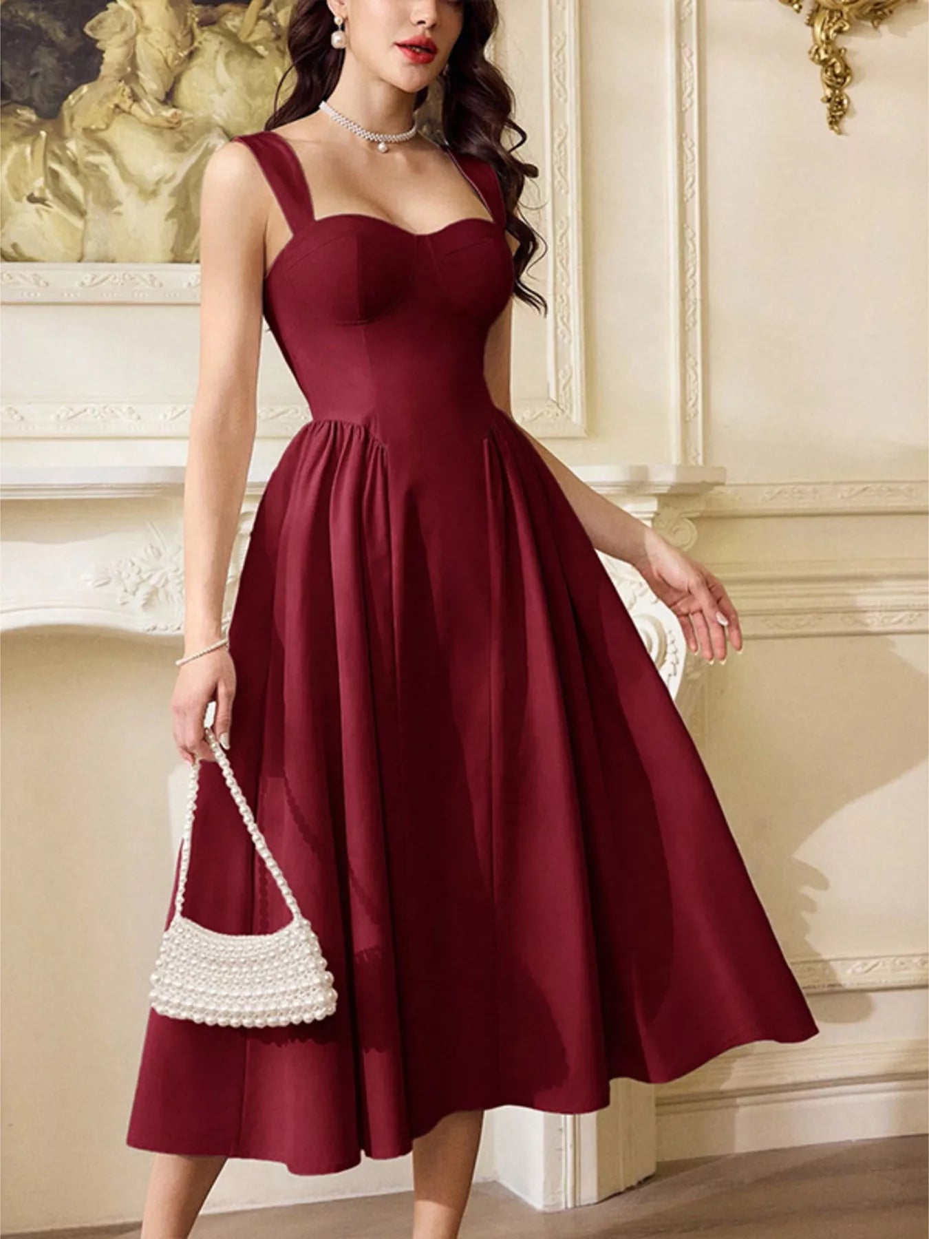 Red Sweetheart-Neck A-Line Midi Dress – alternate view 2