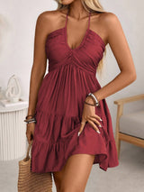 Burgundy smocked halter tiered mini dress, front view