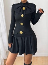 Black mock-neck long-sleeve mini dress, front view.