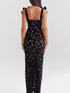 Red lace tie shoulder maxi dress front view