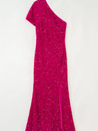 Cerise sequin evening dress side view