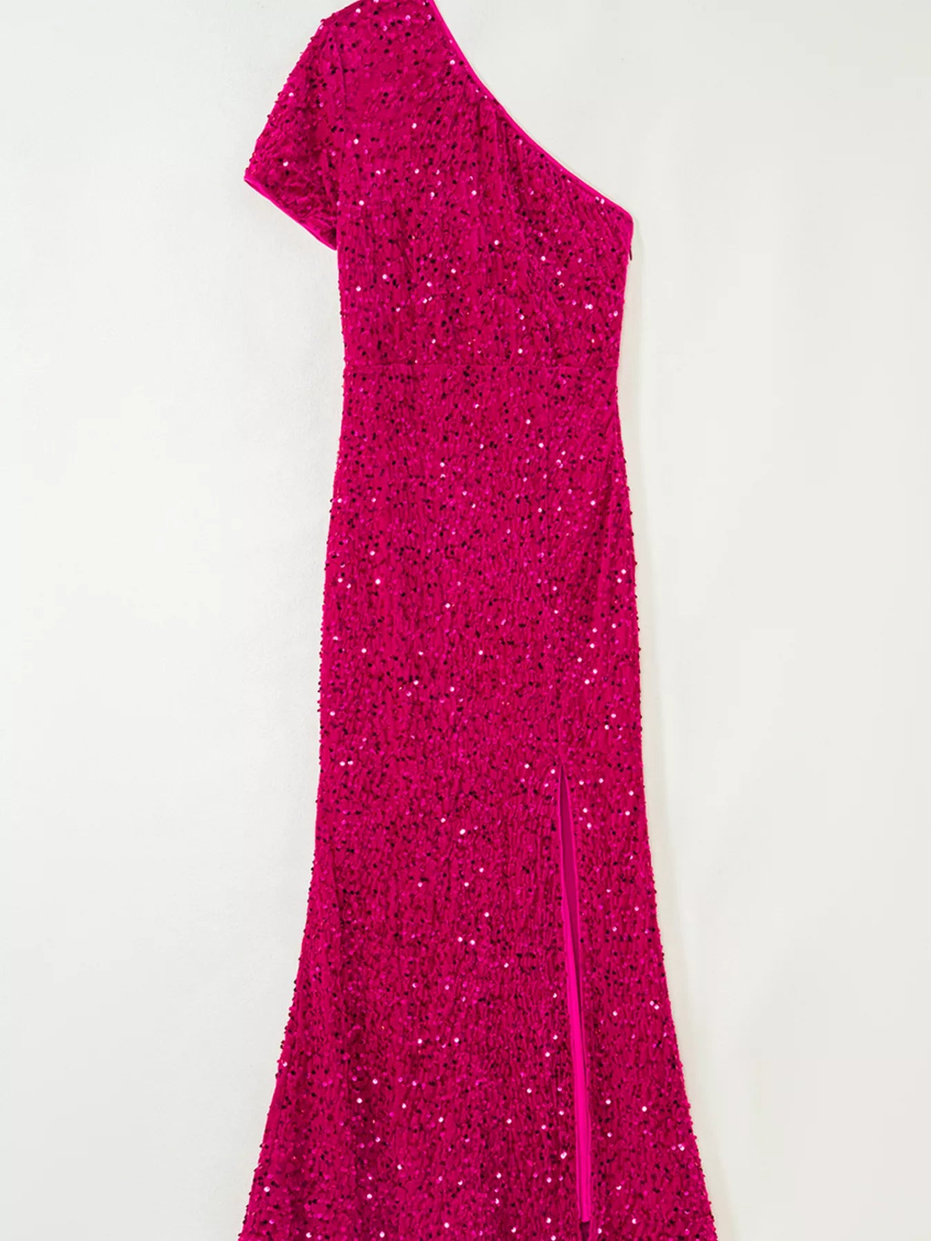 Cerise sequin evening dress side view