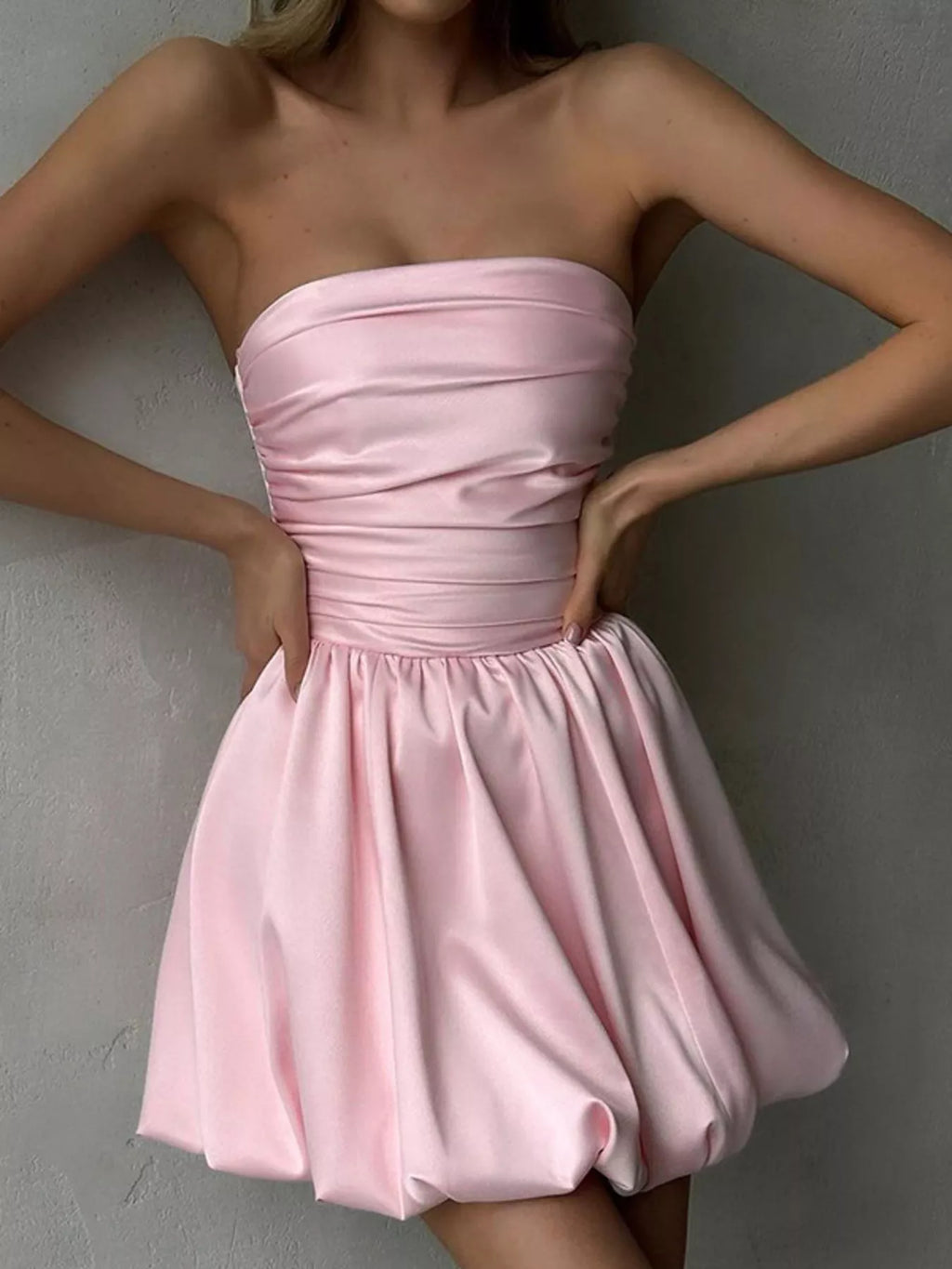 Blush Pink Strapless Ruched Bubble Mini Dress - product image 1