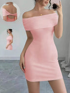 Pink off-shoulder backless bodycon mini dress, front view.