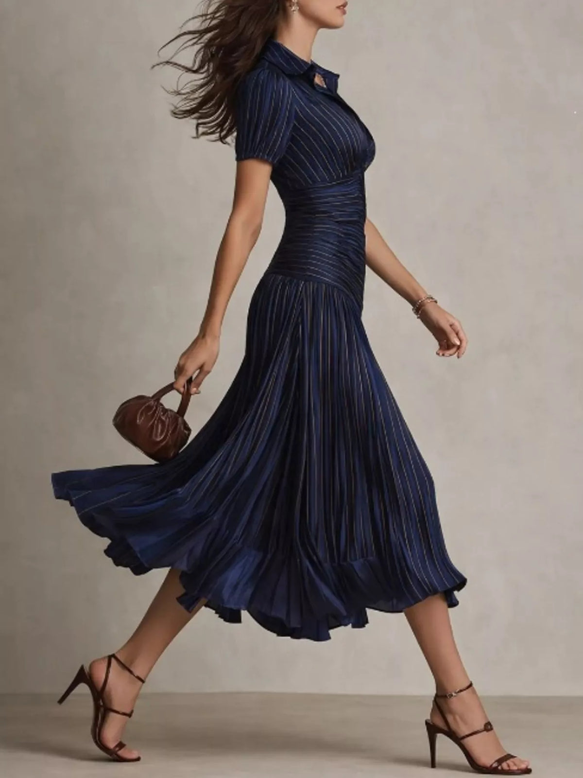 Navy striped midi dress, side view.