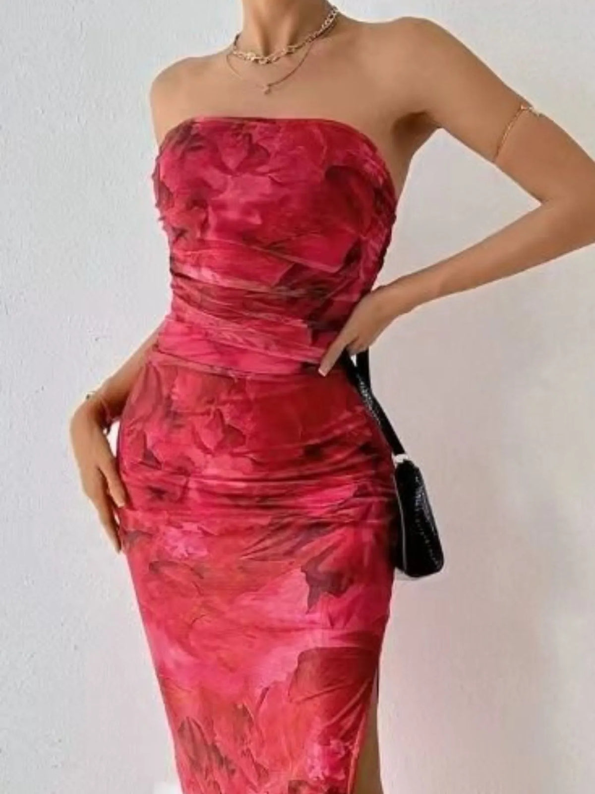 Red print printed strapless side-slit maxi dress, front view.