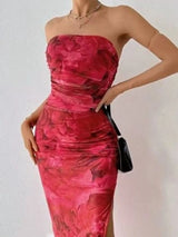 Red print printed strapless side-slit maxi dress, front view.