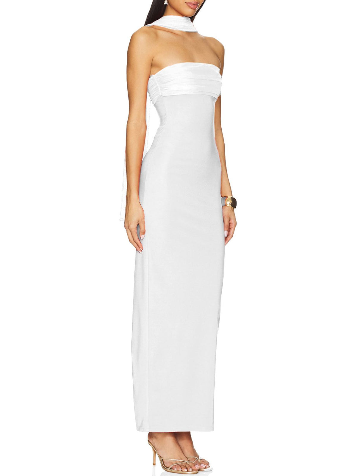 White strapless long dress with matching neck scarf, side view