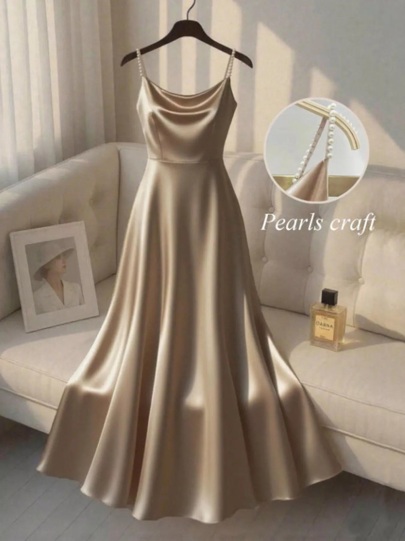 Pearl-strap satin cami maxi dress front view
