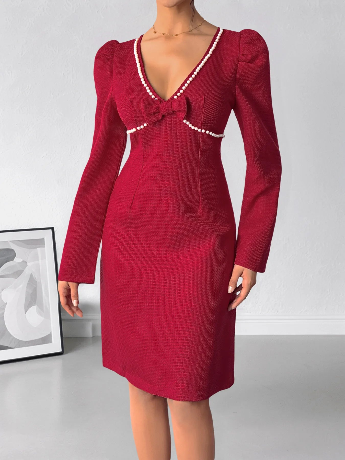 Red long sleeve bodycon dress back view