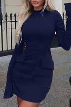 Navy button-front long-sleeve mini dress, front view.