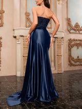 Ruched sequin evening gown with full-length silhouette