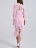 Pink lace long-sleeve midi dress, back view.