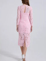 Pink lace long-sleeve midi dress, back view.