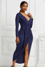 Navy ruched long-sleeve wrap dress, side view