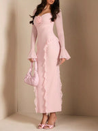 Pink floral ruffle maxi dress, front view.